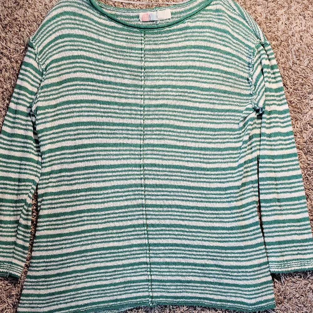 Free People Beach Striped Green & White Knit Sweater